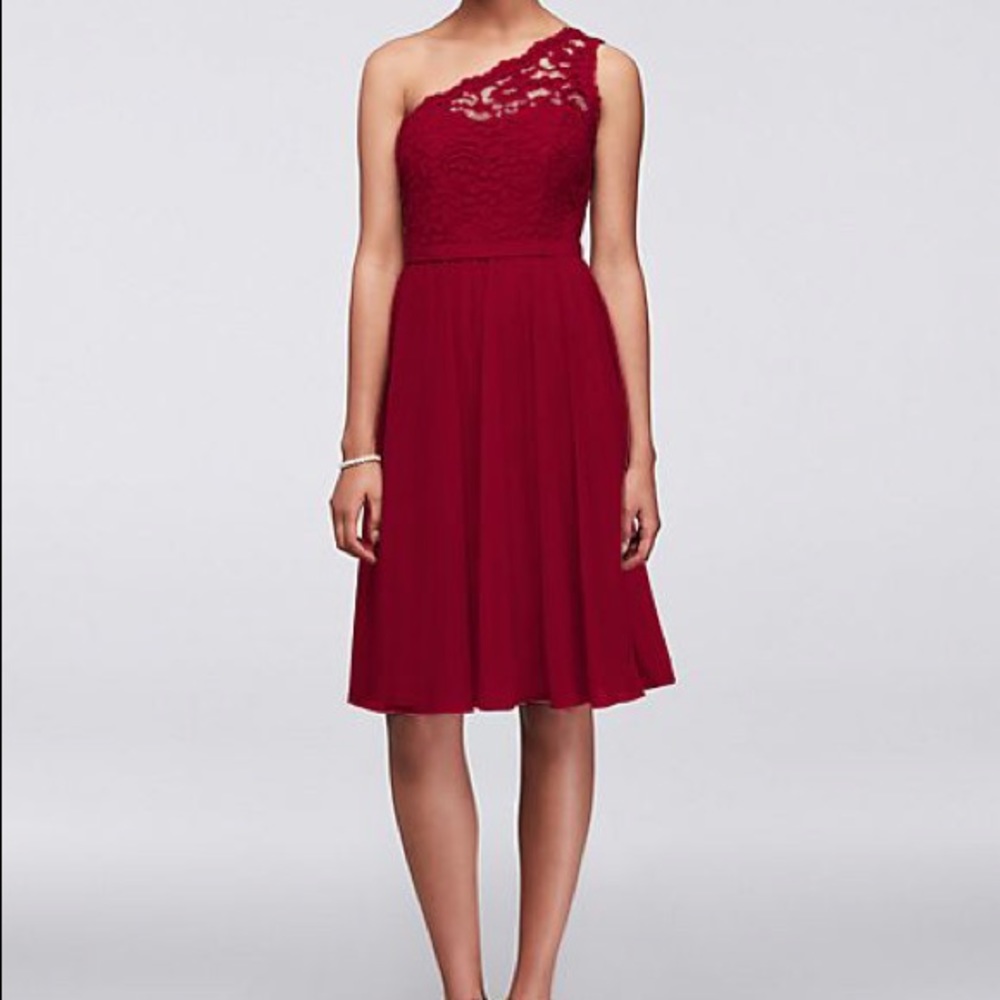 David’s Bridal One Shoulder Lace Dress - Apple Red